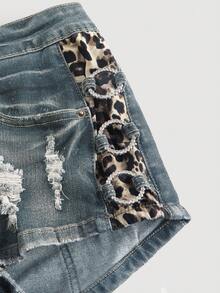 ROMWE J-Fashion Quần short denim cạp thấp họa tiết da báo Y2K Gyaru Vintage dành cho nữ - Rửa nhẹ - Xem 4