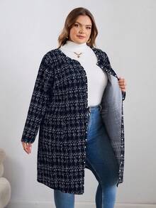 SHEIN CURVE+ Curve 大码/秋装/秋季女装/女冬装/冬装大码女式冬季夹克，仿粗花呢图案前开长袖外套，配珍珠纽扣和口袋，大码女装 8xl 大码外套，大码冬季外套，大码粗花呢外套，女士秋装，冬季，CURVE PLUS/秋季/冬季 - 藏蓝色 - 查看 8