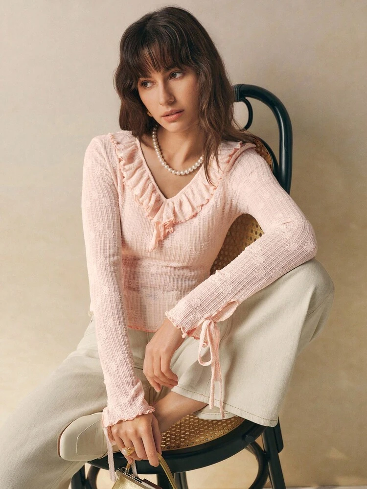 Cévolie Women's Autumn New Lightweight French Ruffled V-Neck Lace Fitted Long Sleeve T-Shirt - Pink - View 6