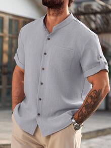 Manfinity Homme 大码男士纯色短袖单排扣口袋休闲通勤衬衫