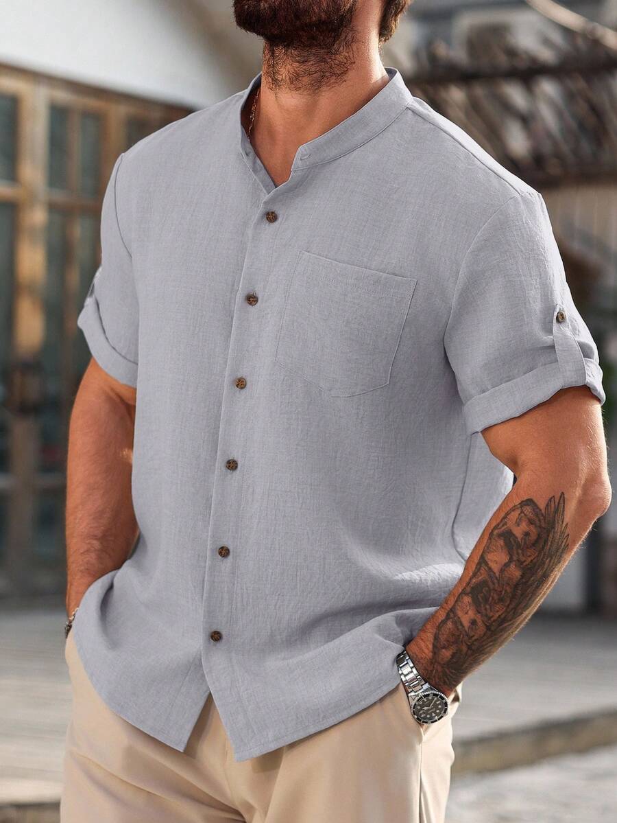Manfinity Homme 大码男士纯色短袖单排扣口袋休闲通勤衬衫