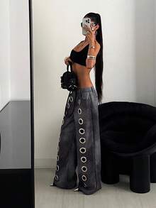 StreetHx 女士休闲街头 Y2K，Y2K 服装 Y2K 复古朋克哥特 2000 年代风格金属装饰做旧 PU 皮裤，秋冬