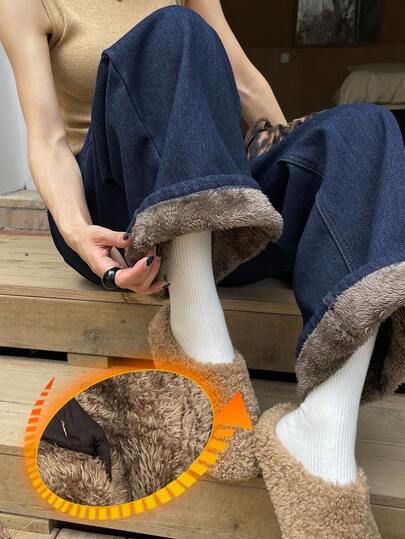 DAZY กางเกงยีนส์ขายาวทรงตรงบุผ้าสำลีกันหนาวสำหรับผู้หญิง บุผ้าสำลีกันหนาวสำหรับฤดูหนาว