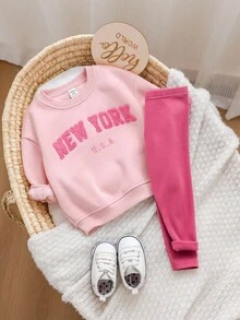 SHEIN Babygirl Casual Graphic Letter Print Sweatshirt Set, Autumn/Winter - Pink - View 9