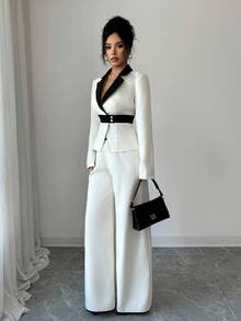 SHEIN Elenzya Elegant Contrast Collar Button Decor Blazer Jacket & Wide Leg Contrast Color Pants Women's Suit Set - Apricot - View 4