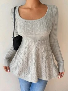 FavEase Women's Fall Casual Twist Cable Pattern Long Sleeve A-Line Sweater, Versatile For Autumn - Grey - View 5