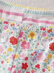 Baby Girls' Colorful Striped Floral Rabbit Print Long Sleeve Bodysuit & Pants Sleepwear Set - Multicolor - View 6