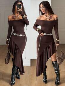 Coolane 女士秋冬Y2K复古日常休闲弹力棕色抹胸露肩长裙 - 棕色 - 查看 1