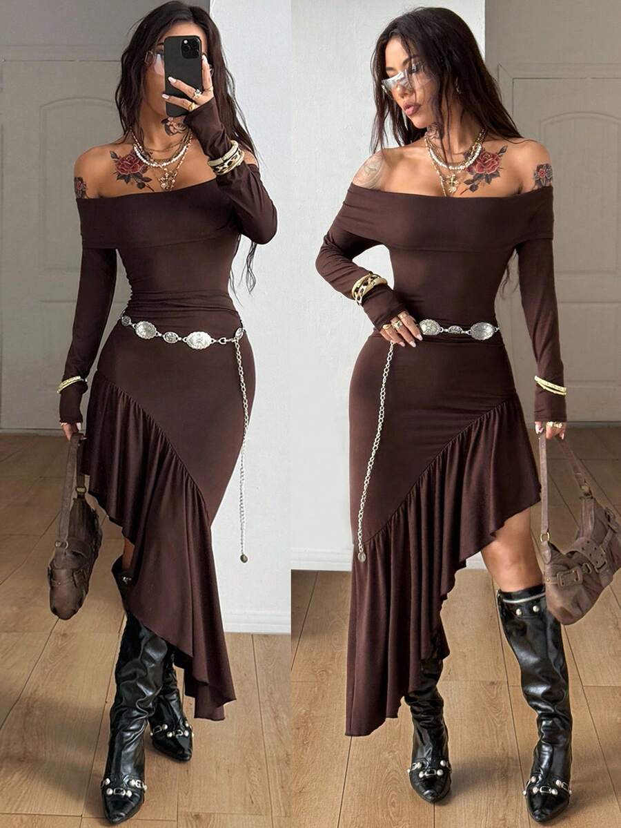 Coolane 女士秋冬Y2K复古日常休闲弹力棕色抹胸露肩长裙 - 棕色 - 查看 1