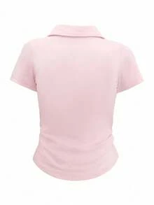 Rina Fox Camiseta de mujer de manga corta con escote en V, plisados y estampado de lazos - Rosa - Ver 2