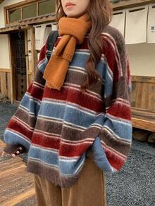 DAZY Suéter holgado casual de mujer con rayas y parches, estilo de moda de negocios y streetwear, para otoño/invierno - Burdeos - Ver 2