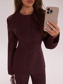 SHEIN BAE Bộ 2 bộ vest và quần âu đơn hàng tối giản màu trơn dành cho nữ, đi làm/đi chơi - Màu Đỏ Sâu - Xem 5