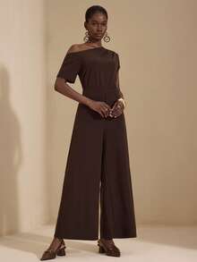 JIAN LASALA Women Asymmetric Coffee Brown One-Shoulder Short Sleeves Wide-Legs Solid Elegant Jumpsuit Autumn Casual Wear Party Outfits For Women Luxury Stylish Clothing Collection