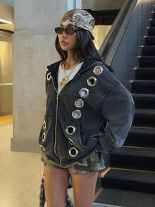 Muchica 女士休闲金属孔眼拉链黑色卫衣，秋季哥特风 - 黑色 - 查看 4