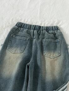 Genkimix Kids Celana Jeans Denim Washed Kasual untuk Anak Perempuan dengan Hiasan Pita - Biru - View 6