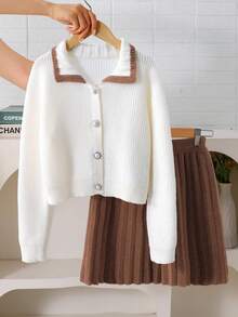 青少年女童毛衣套装，长袖高领毛衣搭配百褶裙，拼色开衫两件套，适合春季、秋季、冬季圣诞节万圣节幼儿开衫毛衣秋季套头衫毛衣上衣 - 彩色 - 查看 6