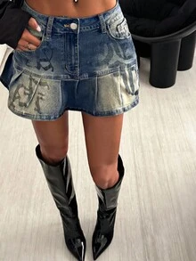 StreetHx Retro Denim Pleated Skirt With Street Racing Inspired Letter Print - Medium Wash - View 1
