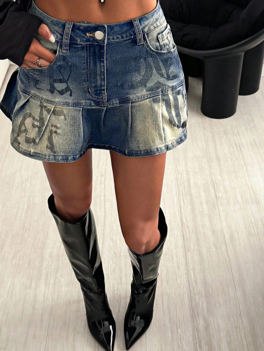 StreetHx Retro Denim Pleated Skirt With Street Racing Inspired Letter Print - Medium Wash - View 1