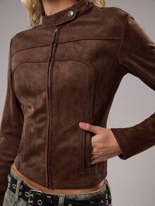 TRNVIE 1pc Women's Thin Jacket, Brown Suede Fleece Stand Collar Slim Fit Pockets Zipper Closure Long Sleeve Casual Versatile, Autumn/Winter