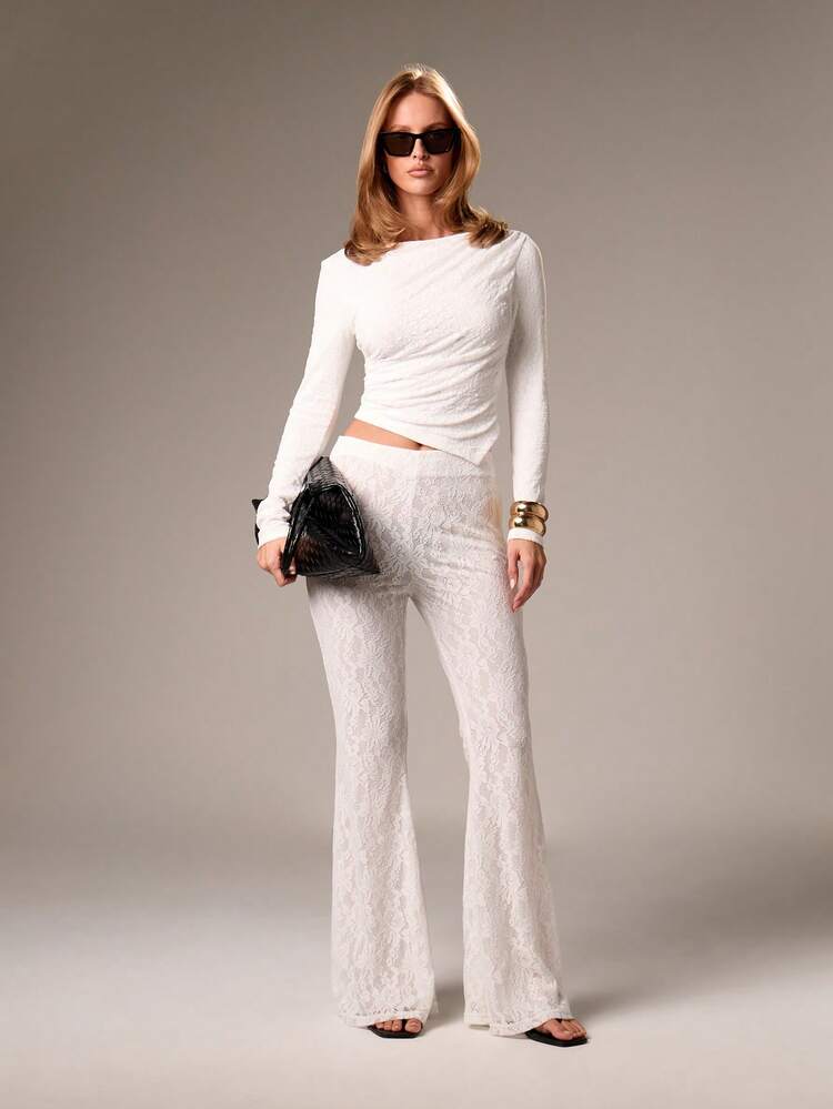 AiiRZ Áo crop top ren tay dài thanh lịch có tay chuông dành cho tiệc cưới trang trọng - Màu be - Xem 3
