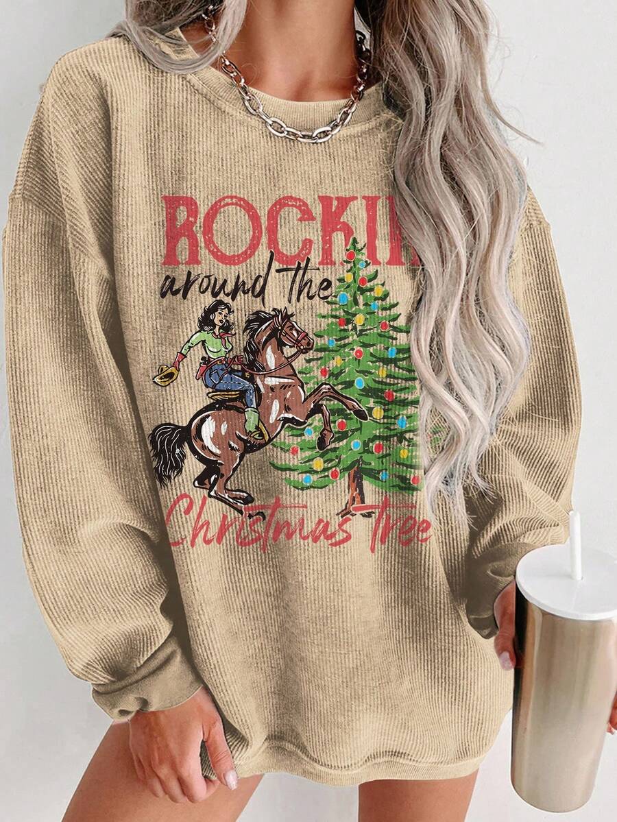 EMERY ROSE 圣诞图案印花时尚简约女式圆领羊毛长袖运动衫，送给朋友的礼物，秋冬 - 卡其色 - 查看 1