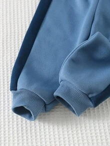 Cozy Pixies 2件套男婴拼色字母印花圆领长袖半拉链连帽衫和松紧腰慢跑裤套装 - 寶藍色 - 查看 6