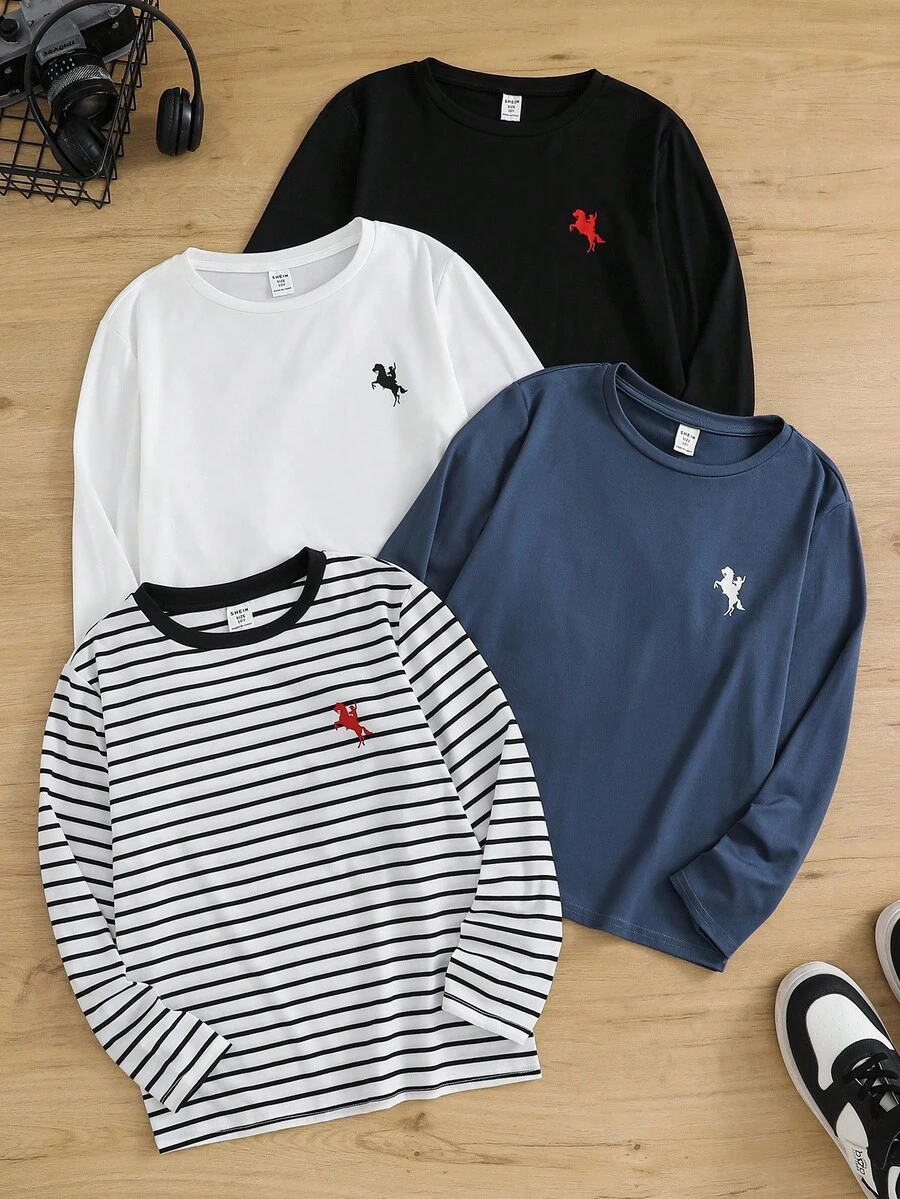 SHEIN 青少年男童休闲条纹骑士图案长袖T恤 - 霧霾藍 - 查看 1