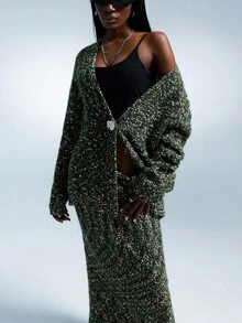 Aveloria Affinna Autumn/Winter New Mixed Polka Dot Mesh Olive Green V-Neck Metal Asymmetrical Buckle Loose Cardigan With Long Skirt, Casual Matching Soft Women Sweater 2 Pieces Set - Green - View 4