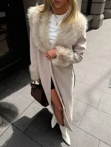 Aloruh 女式优雅仿毛领修身长款大衣，配仿毛袖，秋冬 - 杏色 - 查看 9