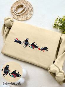 INAWLY 女式休闲卡通猫刺绣圆领长袖羊毛运动衫，秋冬 - 杏色 - 查看 1