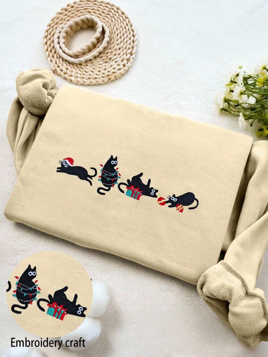 INAWLY 女式休闲卡通猫刺绣圆领长袖羊毛运动衫，秋冬 - 杏色 - 查看 1