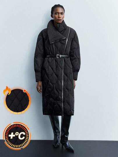 Maija Solid Color Waist Zipper Winter Fashion Long Sleeve Padded Coat Modern Urban Casual Fashion Business Casual Women's Office Wear Low-Key Old Money Style Effortless Temperament High-End Urban Commuting High-Quality Airport Women's Wear High-End Material A Must-Have For Autumn And Winter: A High-End, Comfortable, Vintage-Style Jacket Street-Cool, High-End, Simple, Cool Motorcycle Style Workwear