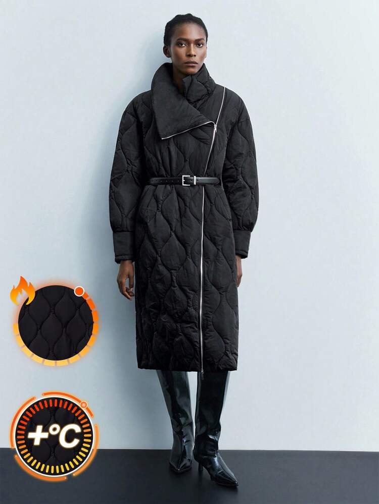 SHEIN Maija Solid Color Waist Zipper Winter Fashion Long Sleeve Padded Coat Modern Urban Casual Fashion Business Casual Women's Office Wear Low-Key Old Money Style Effortless Temperament High-End Urban Commuting High-Quality Airport Women's Wear High-End Material A Must-Have For Autumn And Winter: A High-End, Comfortable, Vintage-Style Jacket Street-Cool, High-End, Simple, Cool Motorcycle Style Workwear
