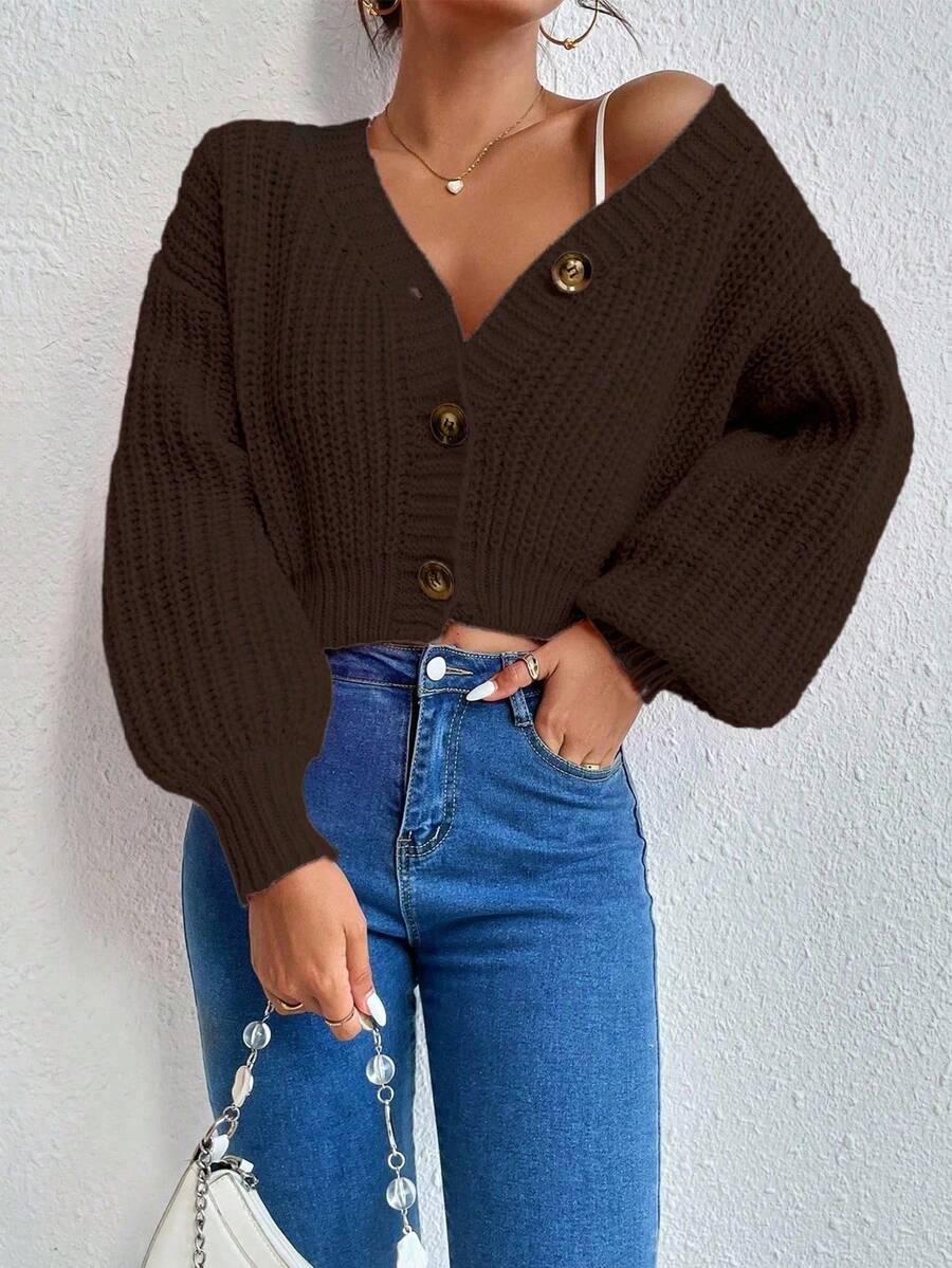 EMERY ROSE Casual Solid Color Lantern Sleeve Cropped Cardigan, Versatile For Autumn/Winter - Coffee Brown - View 1