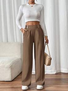 SHEIN Frenchy Women's Double-Button Straight Leg Elegant Office Pants Winter Brown Casual Spring - Brown - View 6