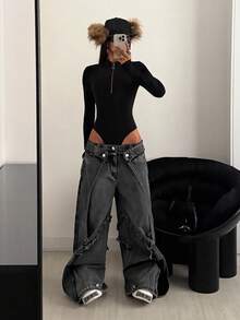 StreetHx Women's Low Waist Frayed Design Wide Leg Loose Casual Jeans - Grey - View 5