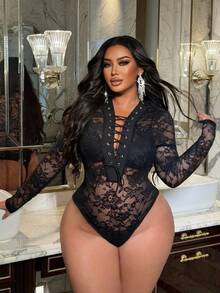 NU&NOW Plus Size Women's Sexy Sheer Lace Deep V-Neck Criss-Cross Strap Metal Grommet Criss-Cross Bow Tight Fit Design Sense Party Clubwear Bodysuit, Long Sleeve, New Autumn