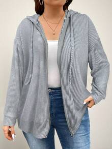 SHEIN LUNE 大码女式纯色落肩长袖拉链前抽绳连帽休闲运动衫，秋季 - 淺灰色 - 查看 3