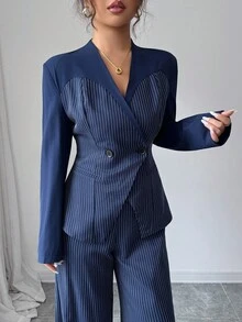 Modelyn Damen gewebter gestreifter blauer Patchwork einfarbiger Langarm anliegender Top und gerade geschnittene Hose Anzug, Herbst/Winter