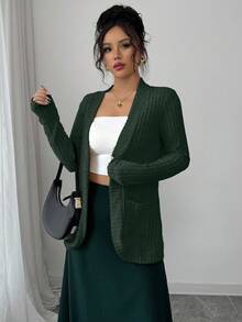 EMERY ROSE Women's Casual Ribbed Brushed Open Front Side Pocket Shorts Jacket, Lightweight - Green - View 6