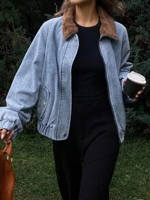 DAZY 复古水洗保暖牛仔夹克，休闲街头风翻领长袖女式牛仔外套，秋冬保暖款 - 藍色 - 查看 5