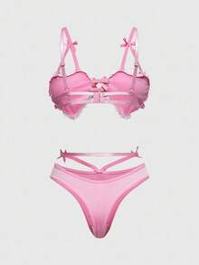 ROMWE Kawaii Women's Cute Heart Bralette With Bow Lingerie Set - Black - View 2