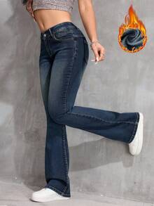 SHEIN PETITE Women's Casual Washed Low Waist Slim Fit Flare Leg Jeans - Dark Wash - View 3