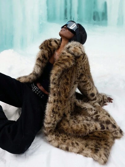 GENKIRA Abrigo largo de piel sintética para mujer Invierno 2025 Nuevo Llegada Abrigo largo de pelo alto con estampado de leopardo y piel de zorro Cortavientos de invierno