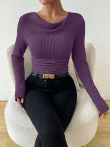 Almamuse Vintage Asymmetrical Draped Neck Textured Ruched Fitted Long Sleeve T-Shirt - Purple - View 5