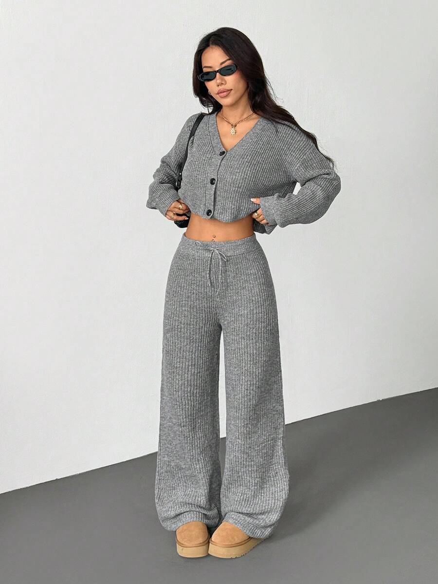 SHEIN PETITE 秋冬季女士休闲纯色长袖针织开衫两件套 - 深灰色 - 查看 1