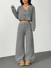 SHEIN PETITE 秋冬季女士休闲纯色长袖针织开衫两件套 - 深灰色 - 查看 6