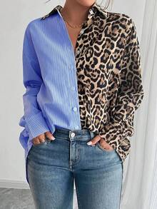 EMERY ROSE 秋季法式优雅豹纹拼色条纹宽松休闲长袖衬衫女士衬衫 - 藍色 - 查看 1