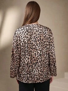 Chikora Plus Size Long Sleeve V-Neck Satin Leopard Print Lantern Sleeve Shirt, Casual/Work Wear Leopard Print Blouse For Autumn/Winter - Brown - View 2