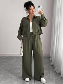 Elenzga 大码女式法式浪漫西西里优雅休闲通勤度假纯棕色衬衫领隐形门襟松紧下摆长袖衬衫 + 松紧腰工装裤套装，春/秋/冬 - 軍綠色 - 查看 5